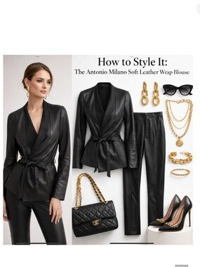 Antonio Melani Black Genuine Leather Wrap Jacket Blazer Belted Soft Luxe Chic LG